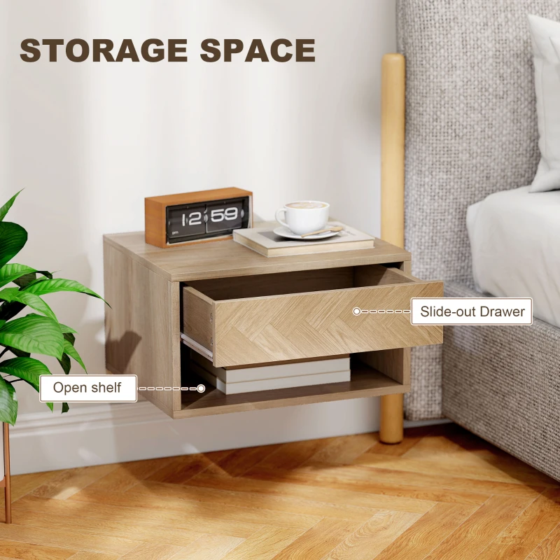 HOMCOM Set of Two Floating Bedside Tables - Natural Wood Finish