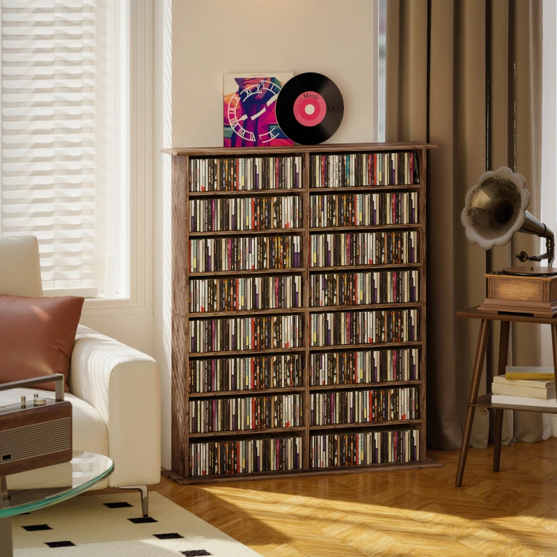 HOMCOM CD & DVD storage with 16 compartments and 12 adjustable shelves max capacity 720 CD/396 DVD & Blu-ray brown