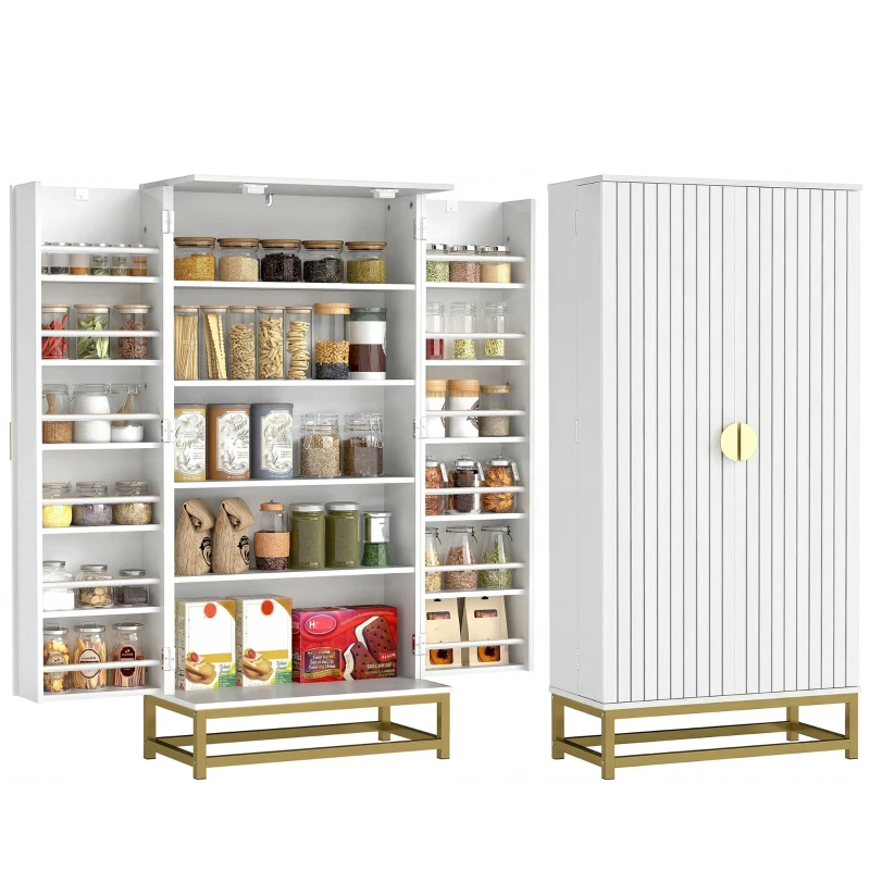 HOMCOM Armoire de cuisine meuble cuisine rangement avec 12 étagères à portes, étagères ajustables, 58x29x119,5cm, blanc