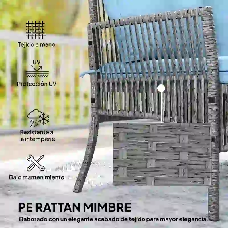 Outsunny Conjunto de Jardín Exterior de Ratán con 1 Sofá de 2 Plazas 1 Sofá Esquinera y 1 Mesa de Centro Tablero de Vidrio Azul