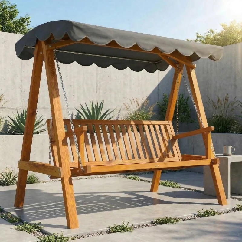 Outsunny 3 Seater Garden Swing Seat with Canopy, Wooden Swing Chair, Outdoor Hammock Bench for Balcony Patio Porch, Dark Grey