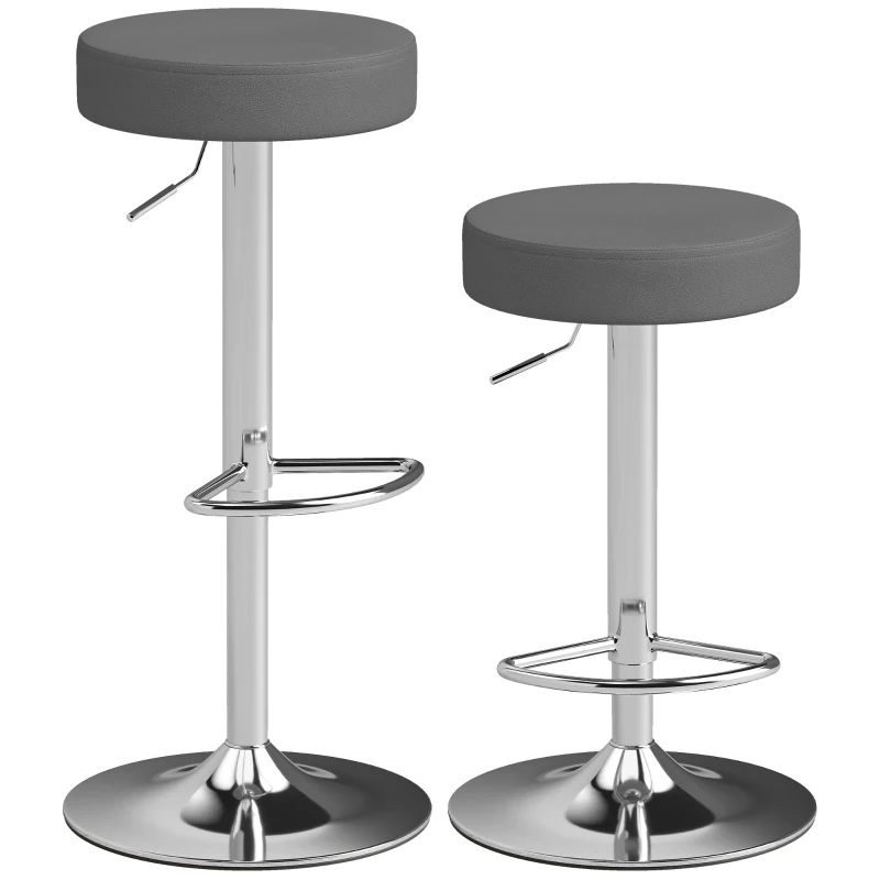 HOMCOM Bar Stools Set of 2, Modern PU Leather Swivel Barstools, Height Adjustable Breakfast Bar Chairs with Footrest, Grey