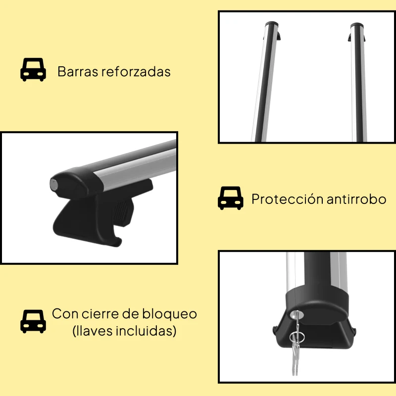 HOMCOM Barras de Techo Universales para Vehículos de Aluminio Bacas Portaequipajes Coche Automóvil Baca para Coche Universales con Cerradura Carga 75 kg 123,5 cm Plata