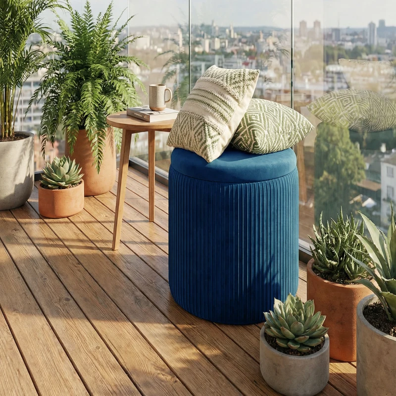 HOMCOM Storage Ottoman Modern Velvet Round Foot Stool for Living Room Bedroom 45 cm Blue