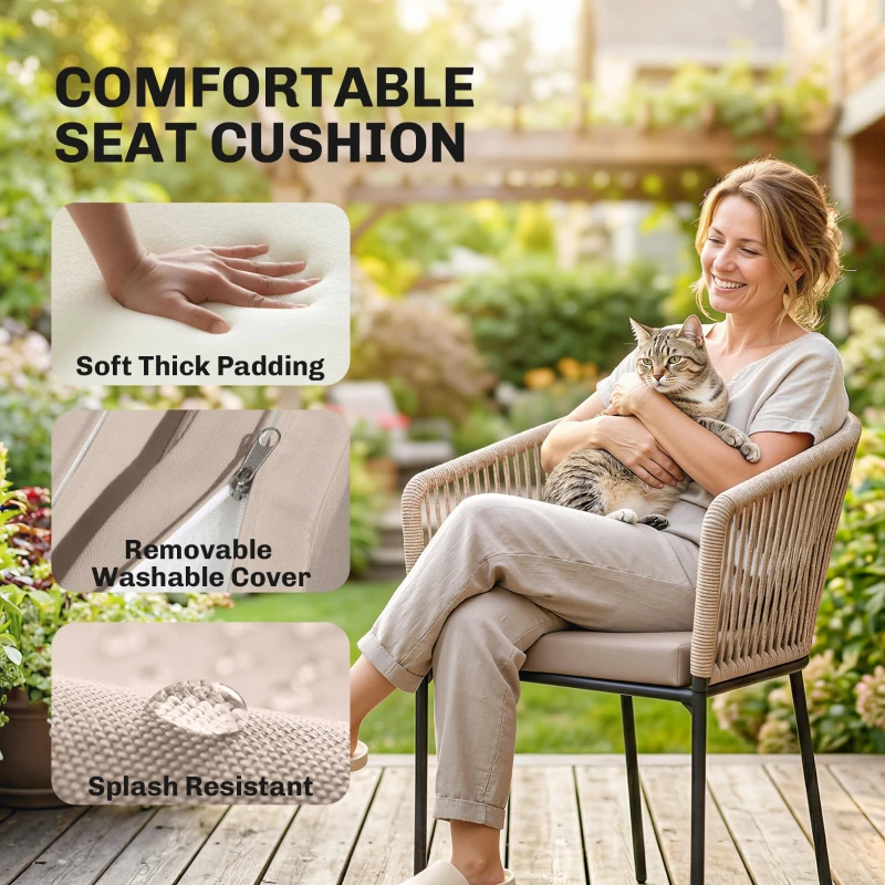 Outsunny Garden Chairs Set of 2, Rattan Garden Dining Chairs with String Back Armrests, Cushions, Natural Wood Finish