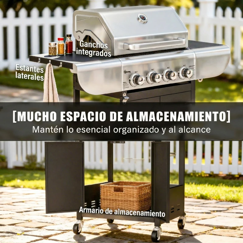 Outsunny Barbacoa de Gas con 4 Quemadores 12,8 kW Termómetro Parrillas de Hierro Fundido Mesas Laterales Armario y Ruedas Negro