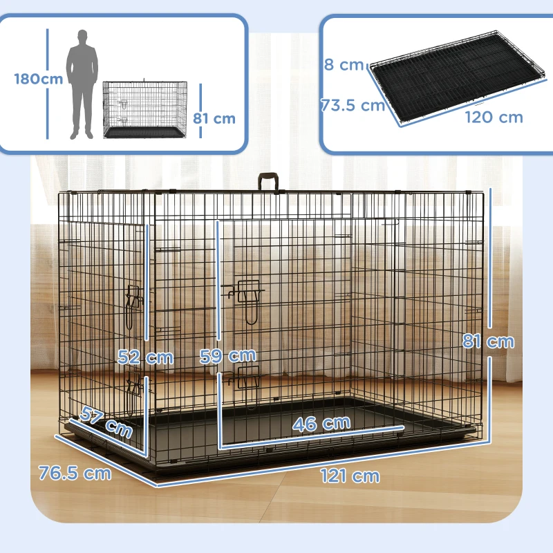 PawHut Gabbia per Animali Domestici in Acciaio Pieghevole con Maniglia Superiore e Doppia Apertura, 121x77x82 cm