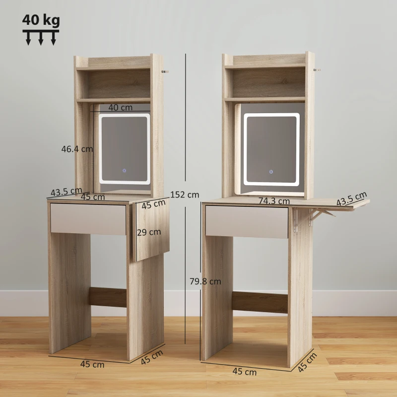 HOMCOM Small Vanity Desk with Mirror and LED Lights, Compact Dressing Table with Drop Leaf, Open Shelves, Natural Wood