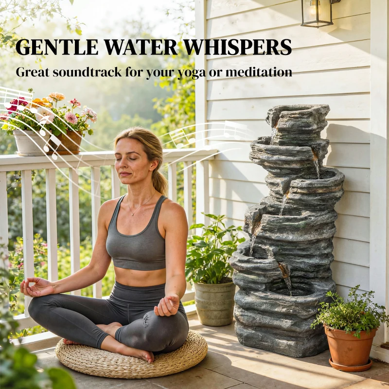 Outsunny Outdoor Fountain, 6-Tier Cascading Waterfall Feature with LED Lights, Resin Freestanding Garden Fountain, Grey