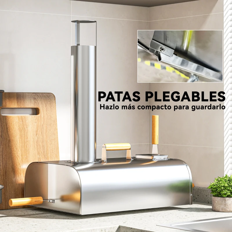 Outsunny Mini Horno de Leña para Pizza con Piedra Refractaria Pala y Patas Plegables para Camping y Exterior 79x36x75 cm Plata