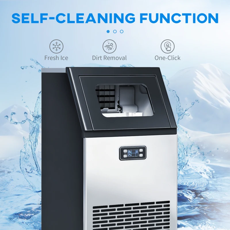 HOMCOM Commercial Ice Maker Machine, Freestanding Stainless Steel Ice Machine with Self-Cleaning, LCD Display, 45kg/24 Hours and 11kg Ice Storage for Home, Office, Bar, Restaurant, Supermarkets