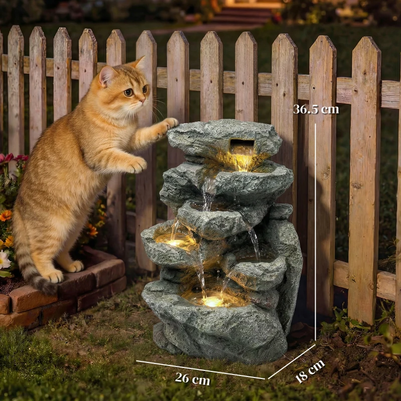 Outsunny Outdoor Fountain with 6-Tier Rock Design, Waterfall Feature with LED Lights, Resin Freestanding Garden Fountain, Grey