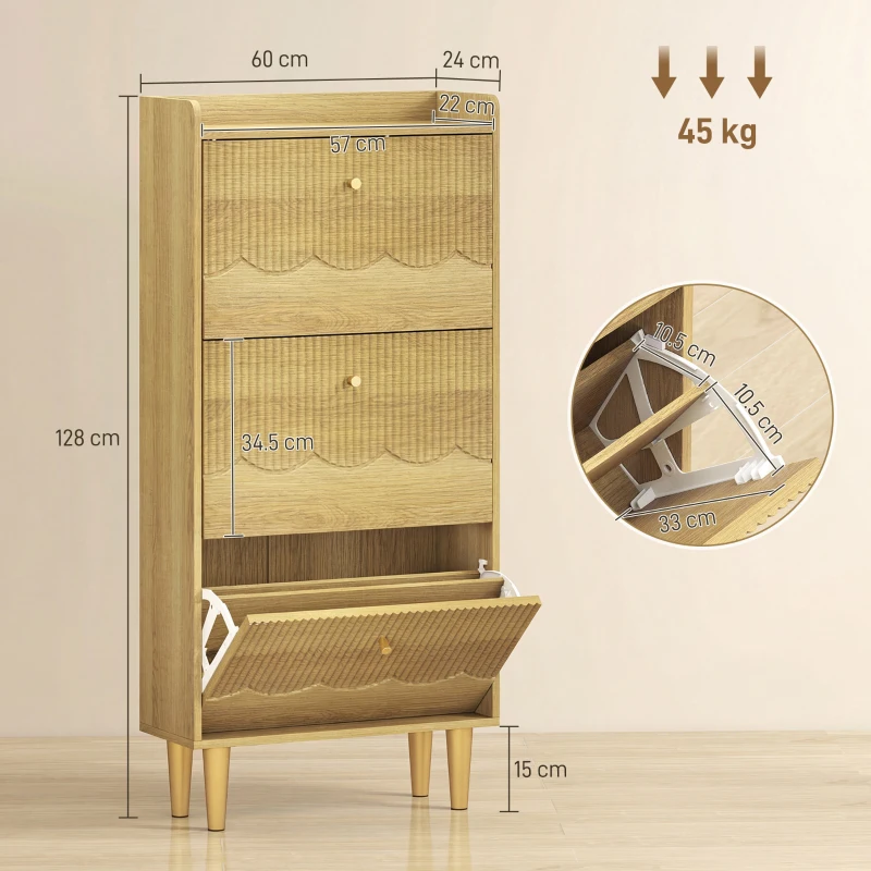 HOMCOM Narrow Shoe Cabinet, Modern Shoe Storage Cabinet with 3 Flip Drawers, Oak