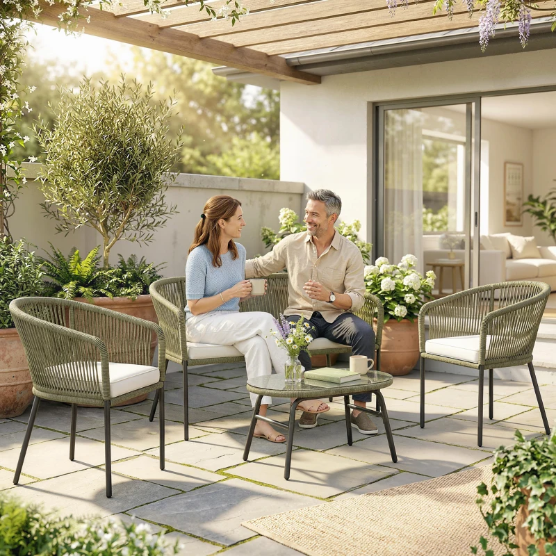 Outsunny Salón de Jardín Exterior 4 Plazas Sofá 2 Plazas 2 Sillones y Mesa Baja Vidrio Templado PP Redondo Trenzado Crema