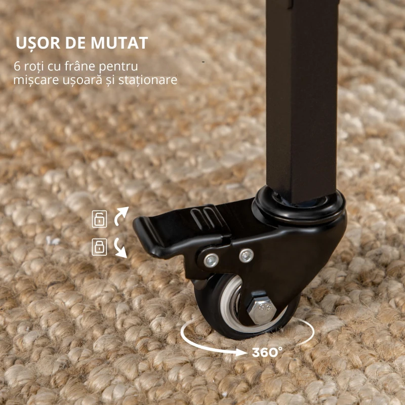 HOMCOM Masă Pliabilă cu 6 Roți și Raft Stil Industrial din Lemn și Metal, Maro Rustic