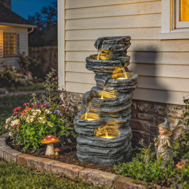 Outsunny Outdoor Fountain, 6-Tier Cascading Waterfall Feature with LED Lights, Resin Freestanding Garden Fountain, Grey