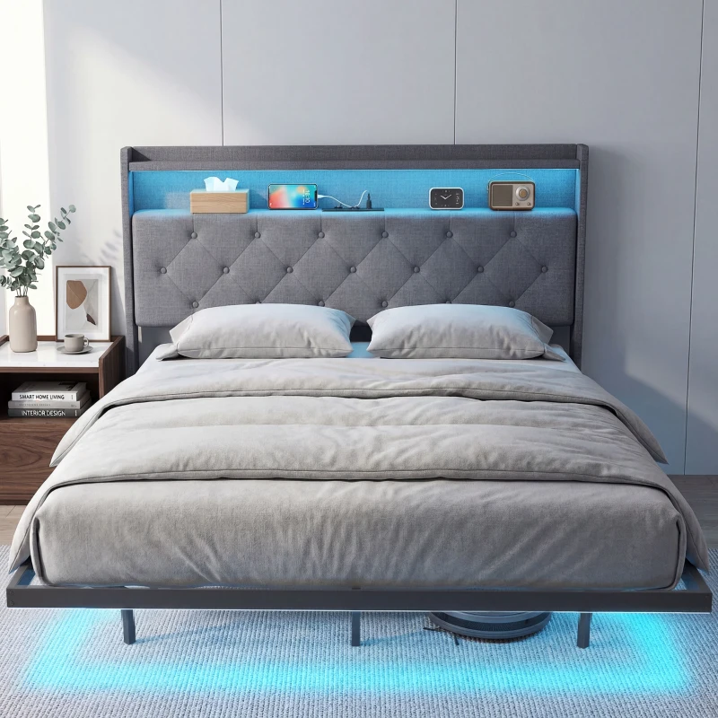 HOMCOM Cadre de lit 140 x 190 cm avec sommier acier, lit 2 personnes flottant avec lumières LED RGB et station de charge, gris