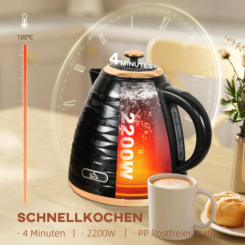 HOMCOM Elektrischer Wasserkocher, 1,7L, 2,2kW, Schnellkochfunktion mit Abnehmbarem Waschbarem Anti-Kalk-Filter