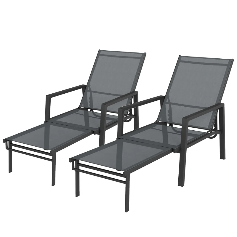 Outsunny Sun Loungers Set of 2 Retractable Footrest 5-Position Adjustable Steel Frame for Beach, Porch, Patio, Camping, Dark Grey