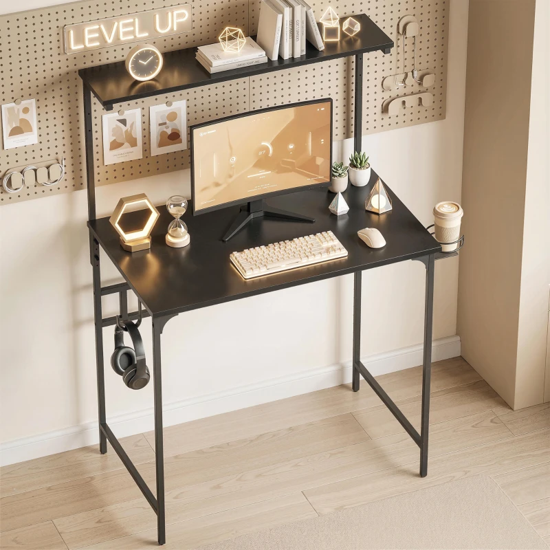 HOMCOM Computer Desk, 80cm Home Office Study Table with Hutch Shelf, Cup Holder, Headphone Hook, Black