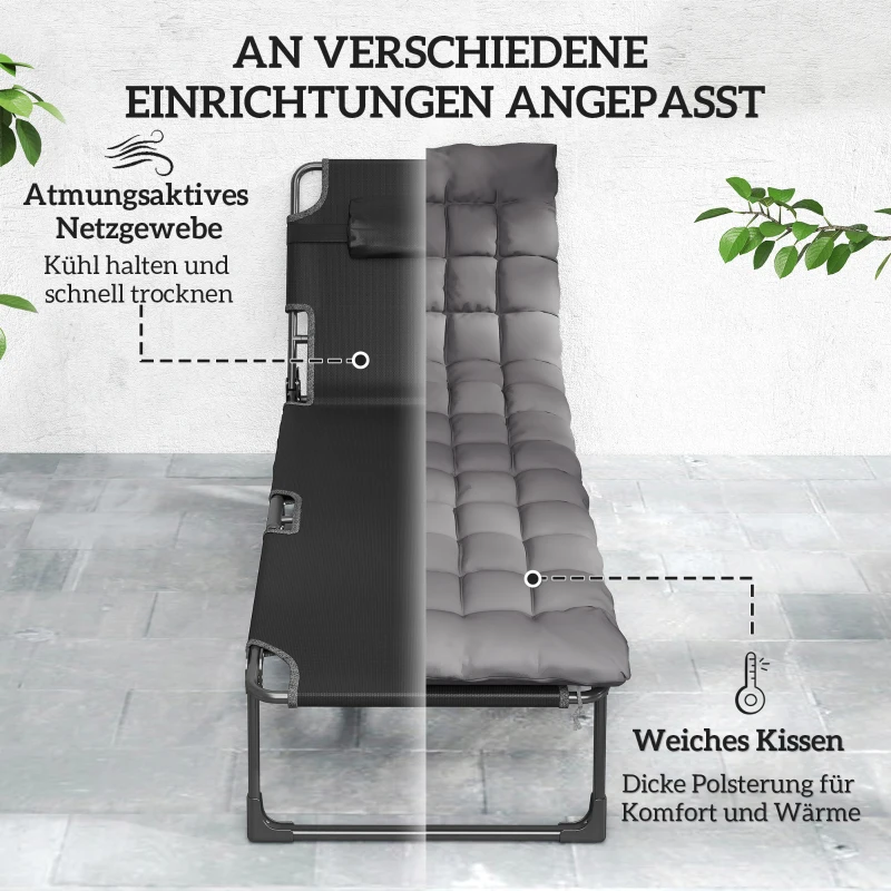 Outsunny Opvouwbaar zonnebed brede tuinligstoel met 5-standen verstelbare rugleuning, gewatteerde matras, hoofdsteun, zijvak