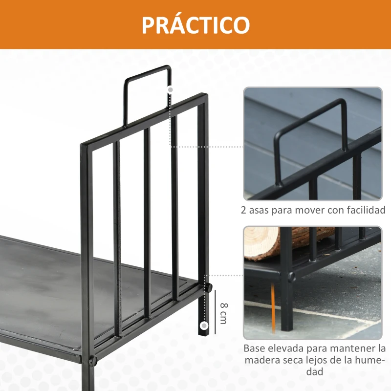 Outsunny Estante de Leña para Chimenea Tradicional Leñero Interior y Exterior Almacenaje para Madera Soporte para Leña con Asas Diseño Elevado 44,5x33x46,5 cm Negro