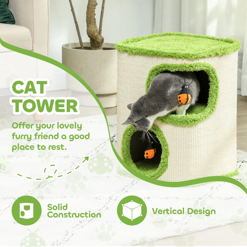 PawHut 52cm Cat Barrel Tower, 2 Story Cat Condo with Sisal Scratching Pad, Toy Ladybugs, Barrel Shaped Cat House Covered in Soft Plush, Green