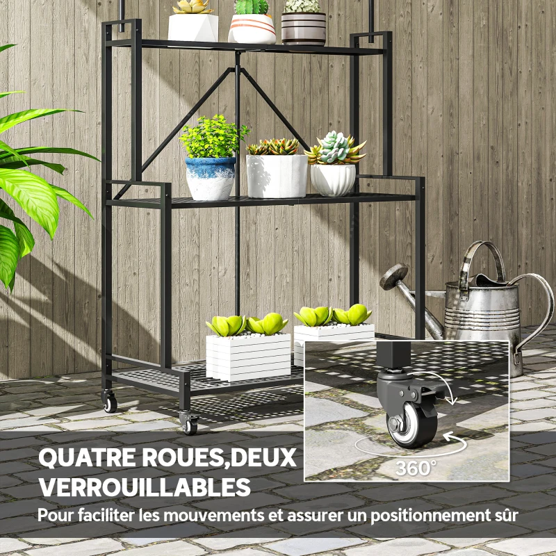 Outsunny Support pour Plantes à 3 Niveaux avec Roulettes, Étagère à Fleurs Pliable en Métal avec 4 Crochets, 84x40,5x174cm, Noir