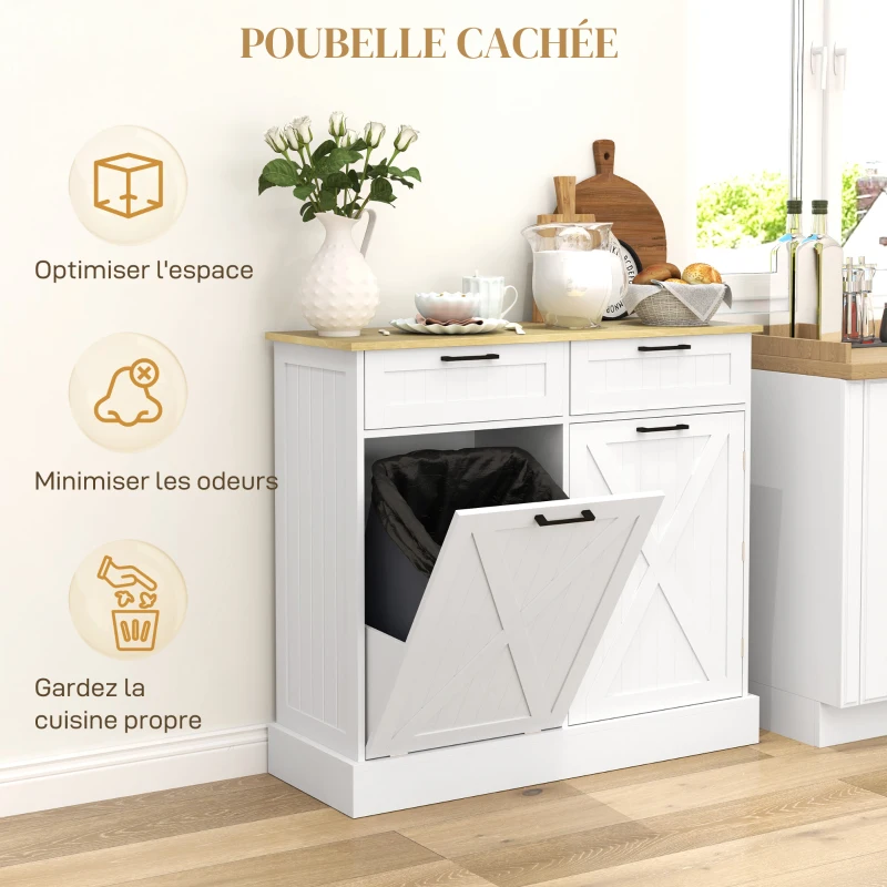 HOMCOM Buffet cuisine avec meuble poubelle 38L, meuble cuisine rangement, 2 tiroirs, étagère à épices et plan de travail, blanc