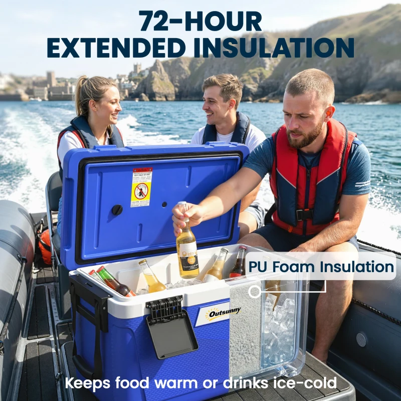 Outsunny 42.6L Insulated Cool Box, Lightweight Portable Ice Cooler with Handle, Lid and Drain Valve, Dark Blue