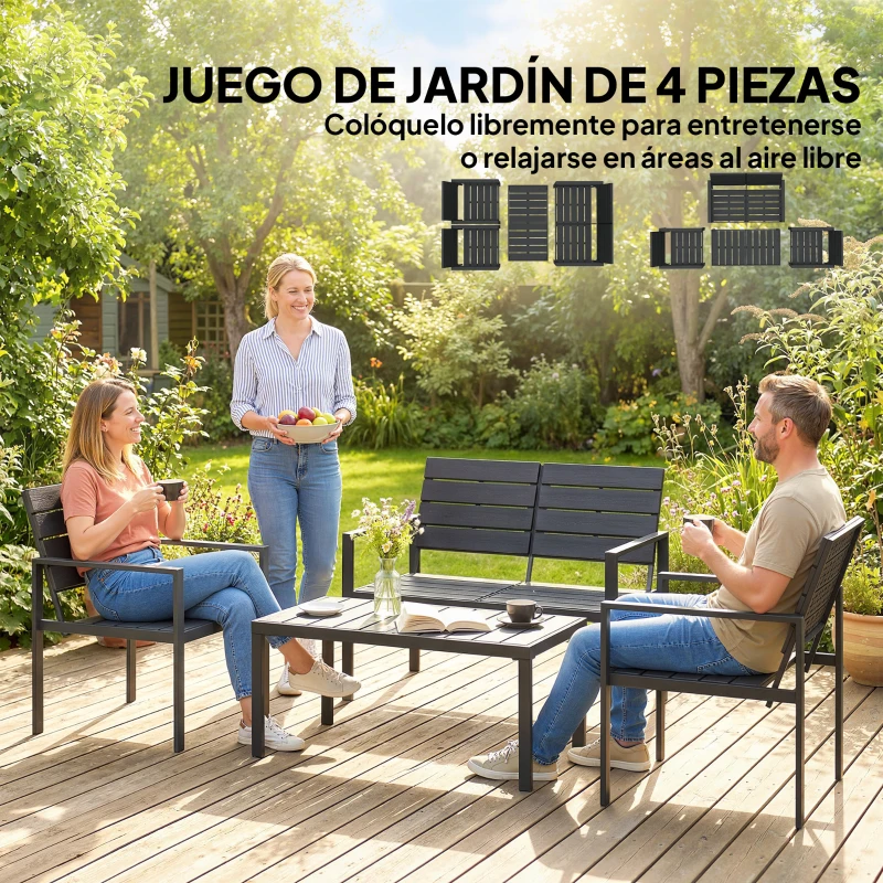 Outsunny Conjunto de Muebles de Jardín para 4 Personas con Sofá de 2 Plazas 2 Sillones Mesa de Centro Negro