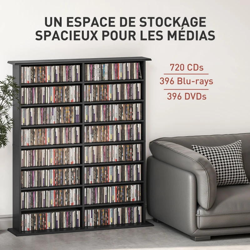HOMCOM Rangements pour CD et DVD avec 16 compartiments et 12 étagères réglables capacité max. 720 CD/396 DVD et Blu-ray noir(m-4)