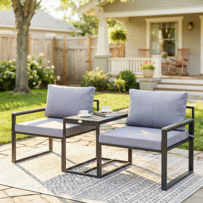 Outsunny Salon de jardin 3 pièces coussins 14cm et accoudoirs en composite bois-plastique 2 fauteuils et table d'appoint gris