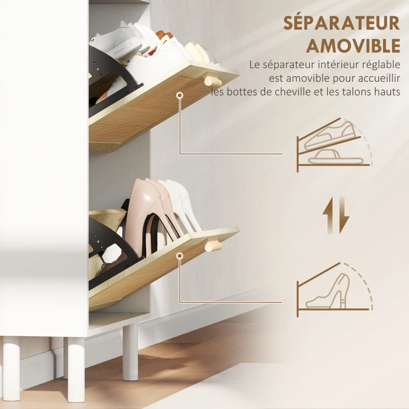 HOMCOM Meuble à chaussures 3 portes abattants étagère effet résine tressée design bohème 65 x 24,5 x 153 cm blanc