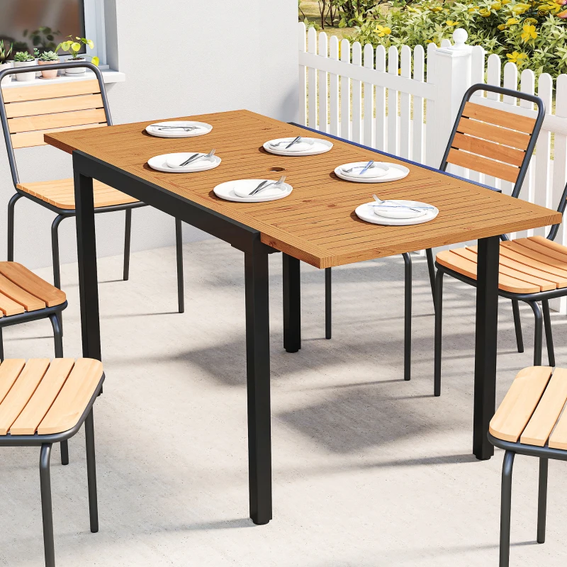 Outsunny Mesa de Jardín Extensible 100/150x70 cm de Madera y Metal con Agujero para Sombrilla para 4-6 Personas Teca