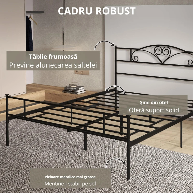 HOMCOM Structura Pat Matrimonial din Otel cu Sipci Integrate, Tetiera si Tablie, 160x200cm