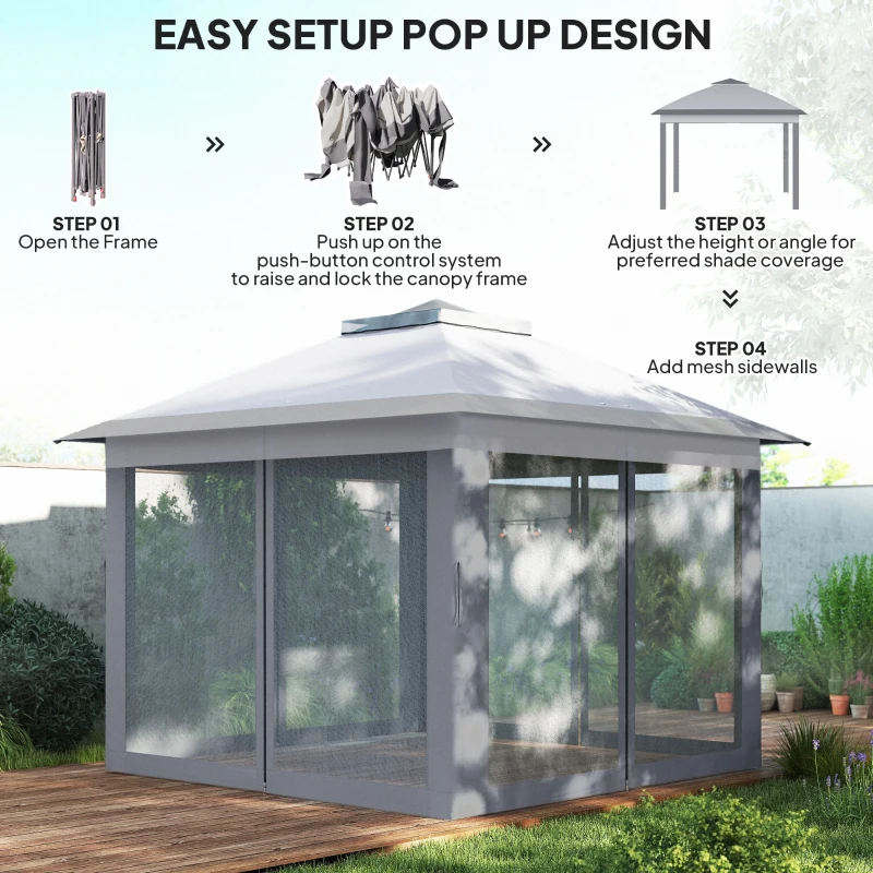 Outsunny 3.3 x 3.3m Pop Up Gazebo, Double Roof Foldable Canopy Tent with Zipped Mesh Sidewalls, Height Adjustable and Carrying Bag, Event Tent for Patio Garden, Grey