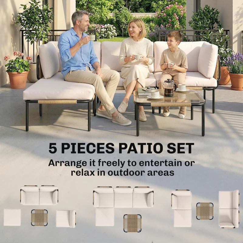 Outsunny Zestaw mebli z polirattanu 5-częściowy, 3 fotele, stolik ze szkła, podnóżek, szerokie i głębokie siedziska, zdejmowane poduszki