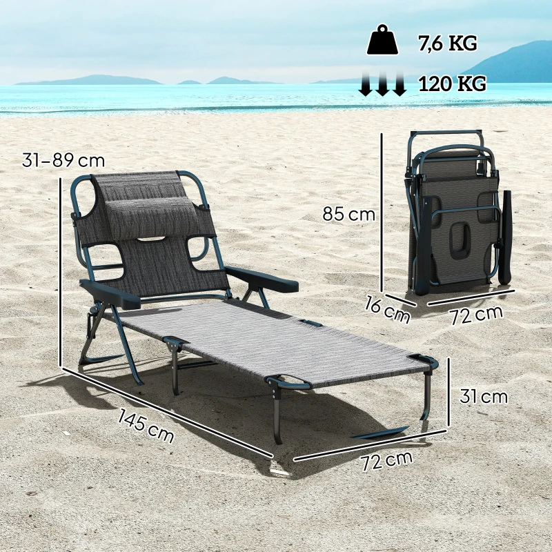 Outsunny Tumbona de Jardín Plegable con Respaldo Ajustable en 4 Niveles Orificio de Lectura y Reposacabezas 145x72x89 cm Gris