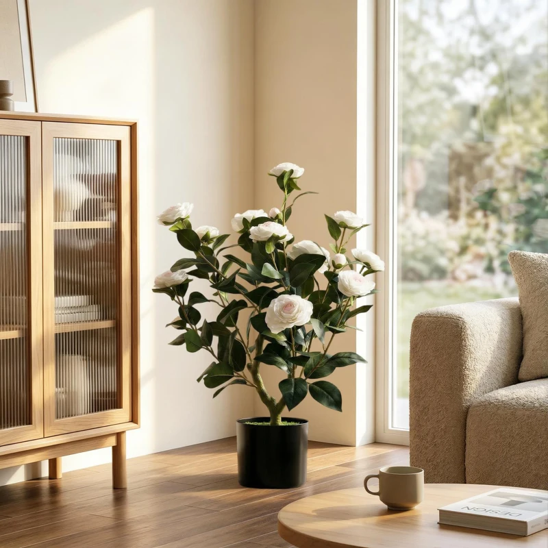 HOMCOM Plantă Artificială de Camelie 65cm Copac Artificial în Maceta cu Flori de Mătase Realiste 116 Hojas Efecto Musgo Alb