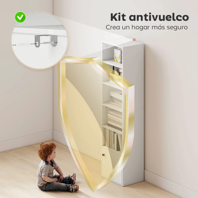 HOMCOM Librería de 5 Niveles Estantería para Libros Moderna con Estantes Abiertos y Puerta 40x30x156 cm Blanco