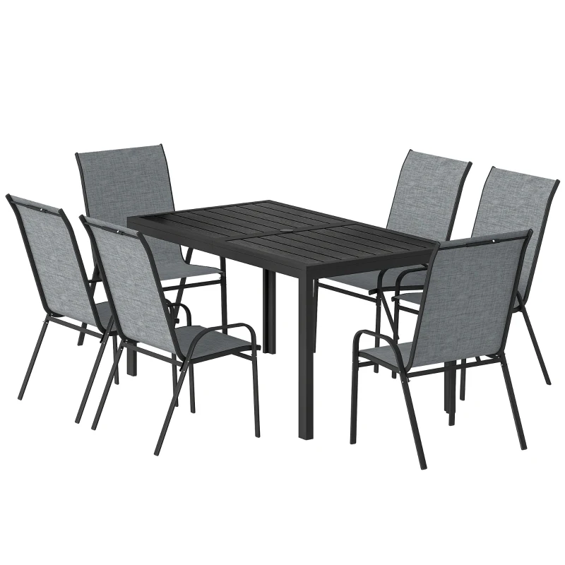 Outsunny Conjunto de Mesa y Sillas Jardín con Mesa Metálica con Agujero y 6 Sillas Apilables Transpirables para Terraza Gris