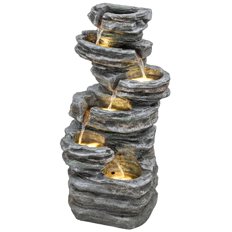Outsunny Outdoor Fountain, 6-Tier Cascading Waterfall Feature with LED Lights, Resin Freestanding Garden Fountain, Grey