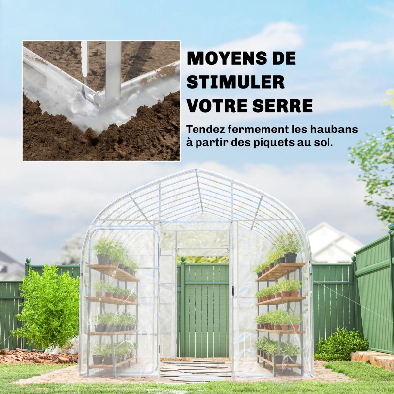 Outsunny Serre Tunnel de Jardin 12m² Film PO Anti-goutte Acier Galvanisé 25mm Structure Renforcée 2 Portes Battantes Transparent