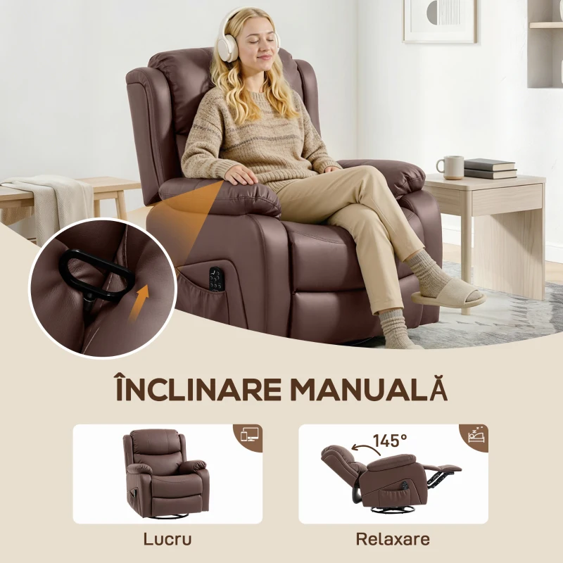 HOMCOM Fotoliu Relax Reclinabil cu 8 Puncte de Masaj, Încălzire și Suport pentru Picioare, 87x97x100 cm, Maro