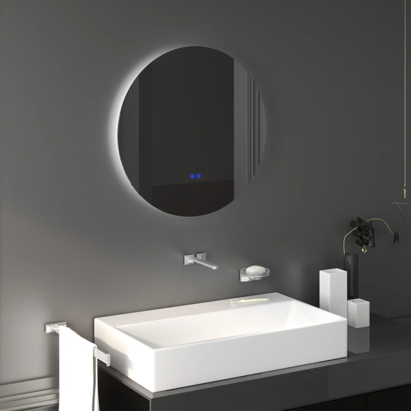 kleankin Miroir rond lumineux LED de salle de bain Ø 60 cm mural avec éclairage interrupteur tactile système antibuée  29 W gris