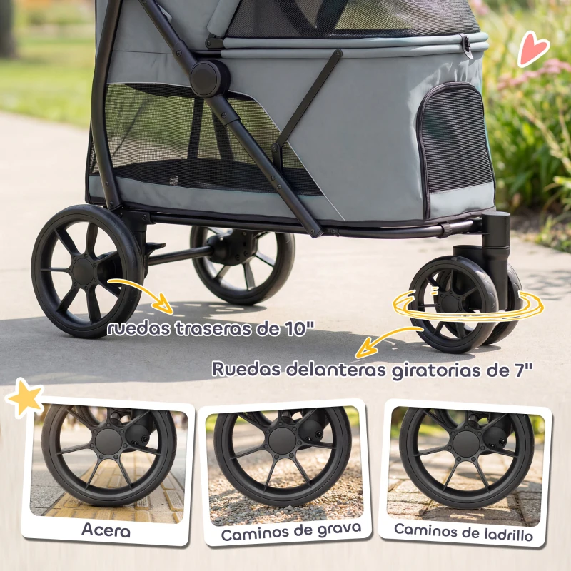 PawHut Carrito para Perros Plegable con 3 Ruedas Ventanas de Malla Cojín Lavable Todo Terreno Carga 20 kg 92x63x95 cm Gris