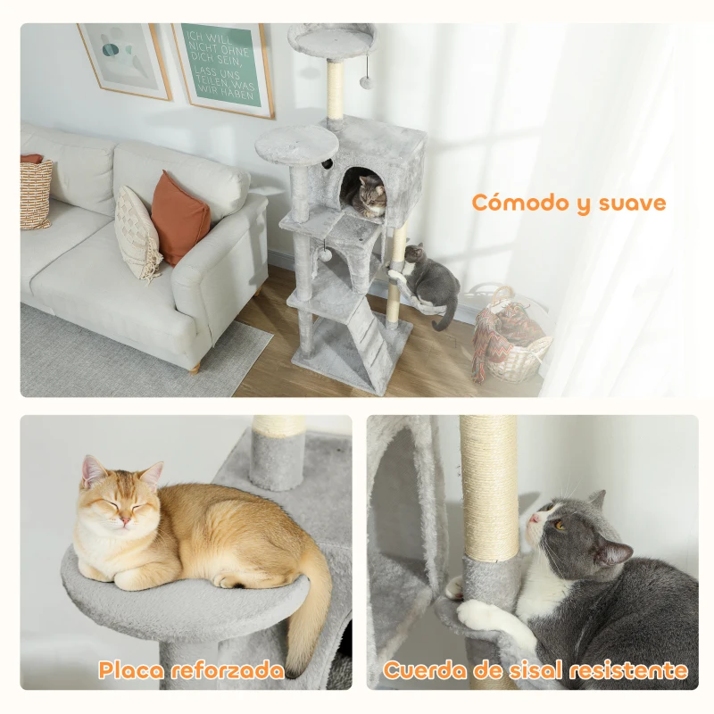 PawHut Árbol Rascador para Gatos 160 cm con Plataformas Cama 2 Cuevas Hamaca Escalera Postes de Sisal Gris Claro