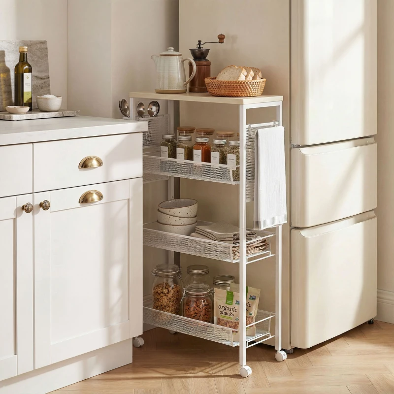 HOMCOM Carucior de Bucătărie pe 3 Niveluri cu Coș Lateral și Cârlig, din Plăci Aglomerate și Oțel, 58x18,5x87 cm