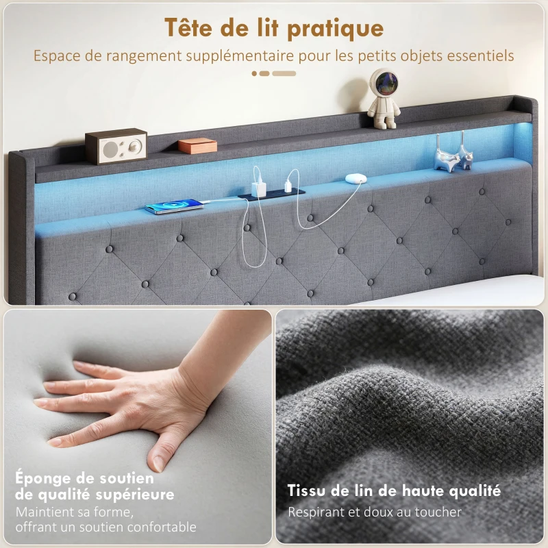 HOMCOM Cadre de lit 160 x 200 cm avec sommier acier, lit 2 personnes flottant avec lumières LED RGB et station de charge, gris